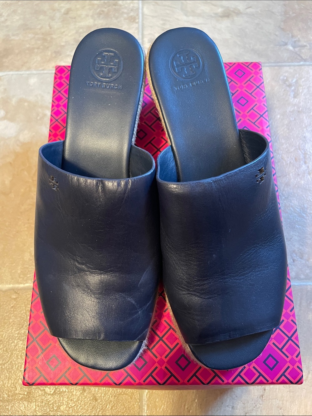 Tory Burch Blue Leather Open-Toe Wedge Slides